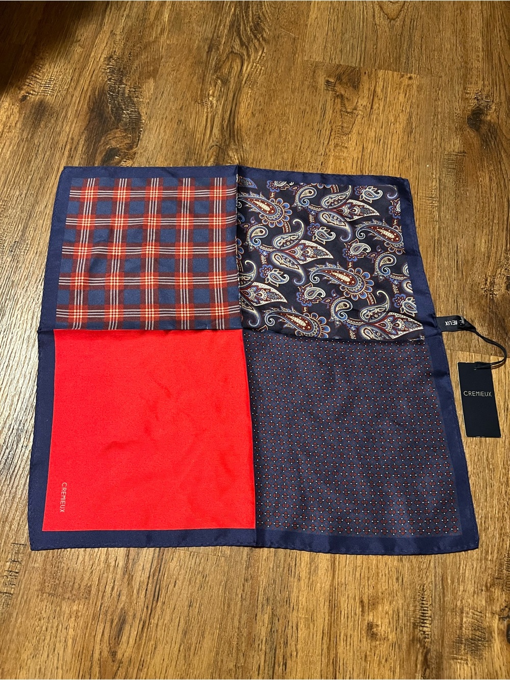 Cremieux 100% Silk Patchwork Pocket Square NWT Navy Red Paisley Plaid